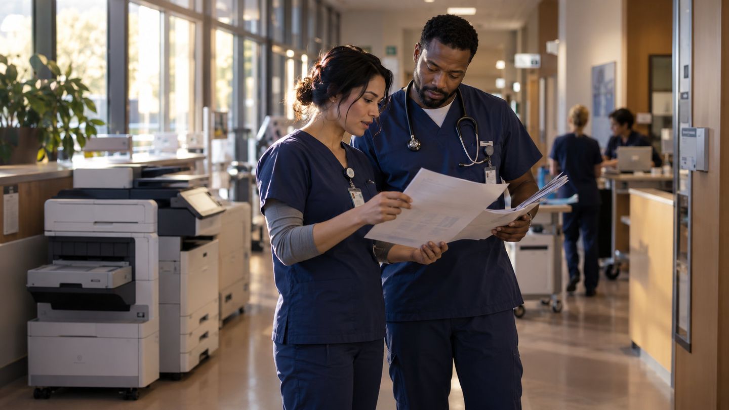 Healthcare clinical team reviewing documents in a hospital corridor