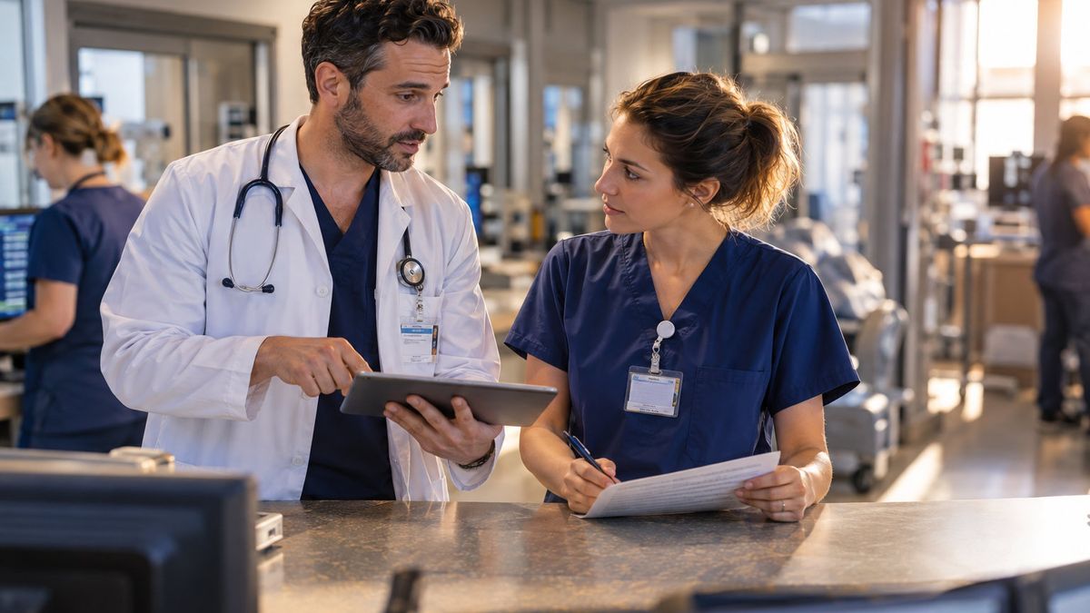 Clinical team consulting on a tablet