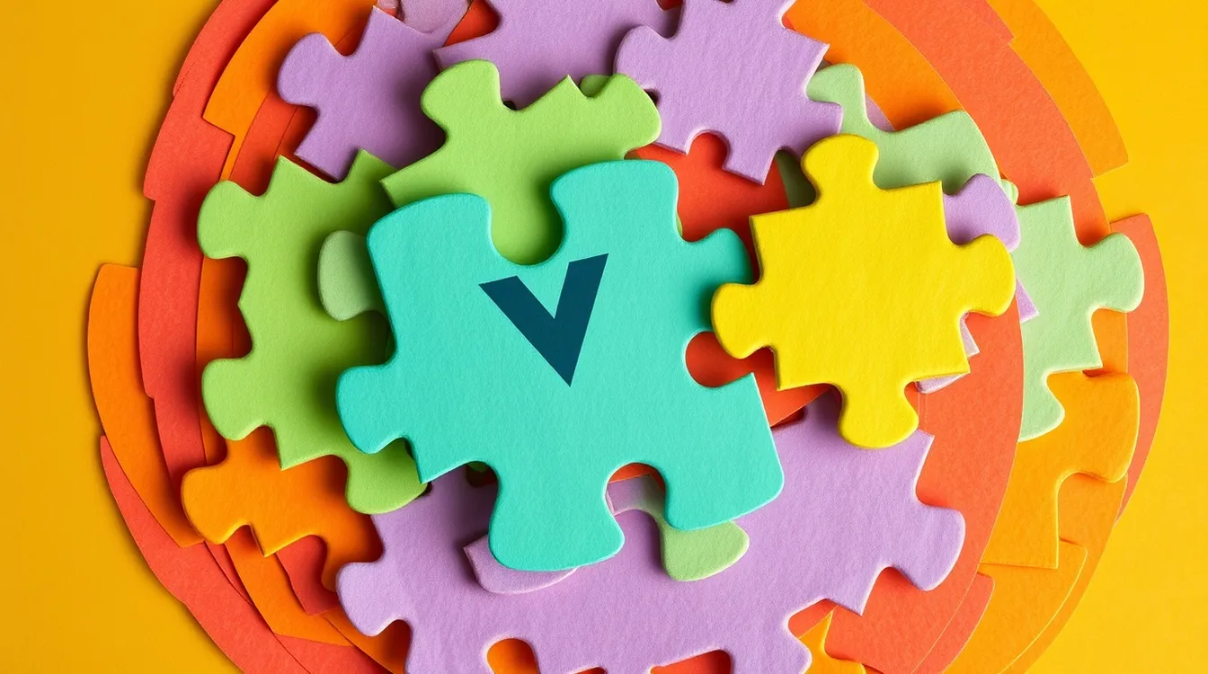 Descubre qué son los composables en Vue.js con esta representación visual de piezas de rompecabezas de colores vibrantes, simbolizando la encapsulación de lógica, la modularidad y la reutilización de código. Aprende cómo los composables optimizan el desarrollo web moderno.