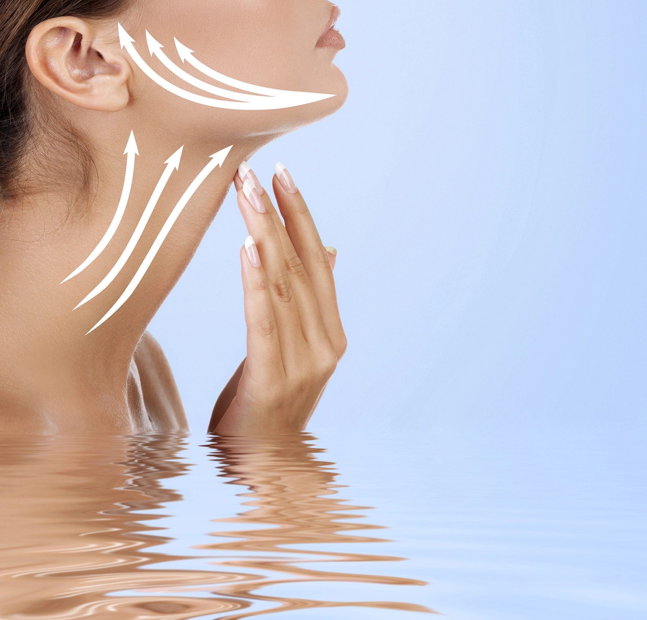 Woman touching her neck with white arrows pointing upward, suggesting skin tightening or lifting, against a blue background with water reflection.