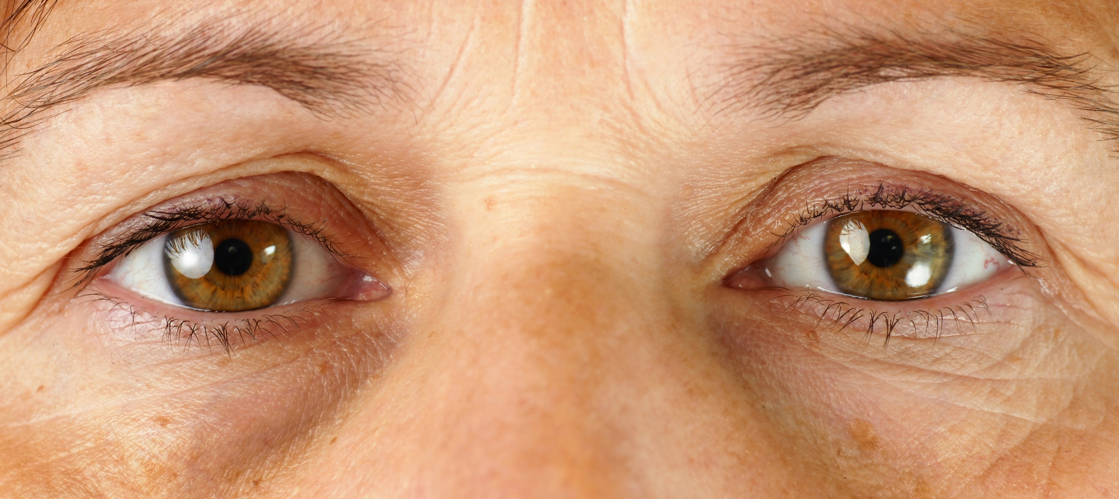 Close-up of a person's brown eyes with defined eyebrows, visible eyelashes, and some wrinkles on the surrounding skin.