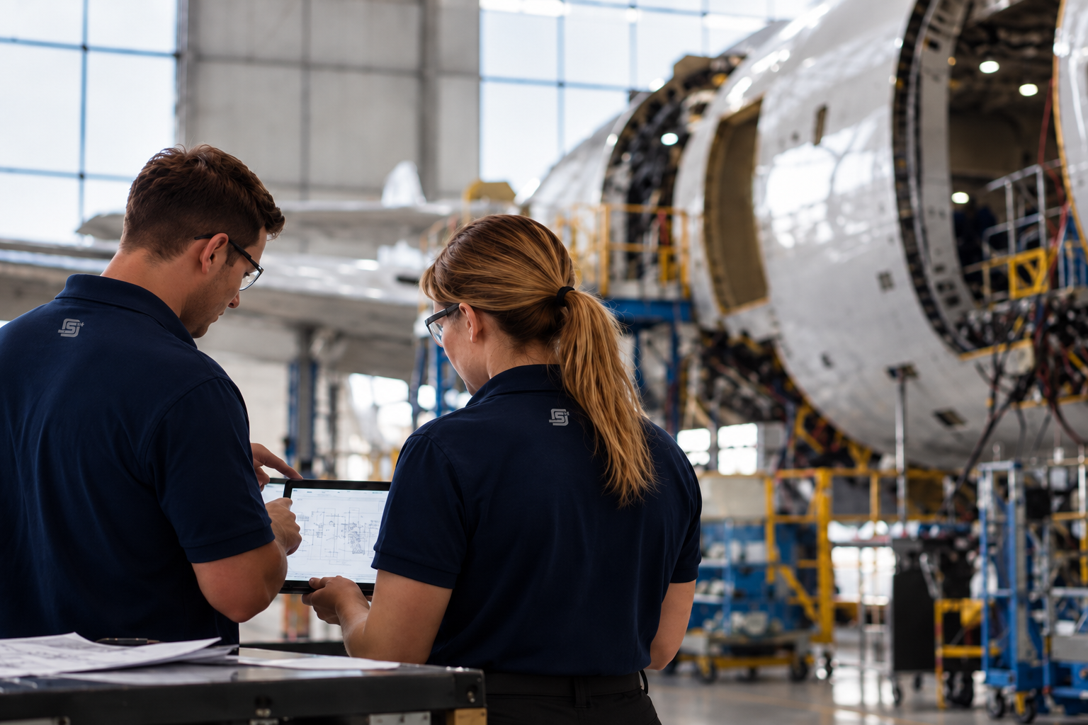 DSI engineers reviewing plans on an aerospace manufacturing floor