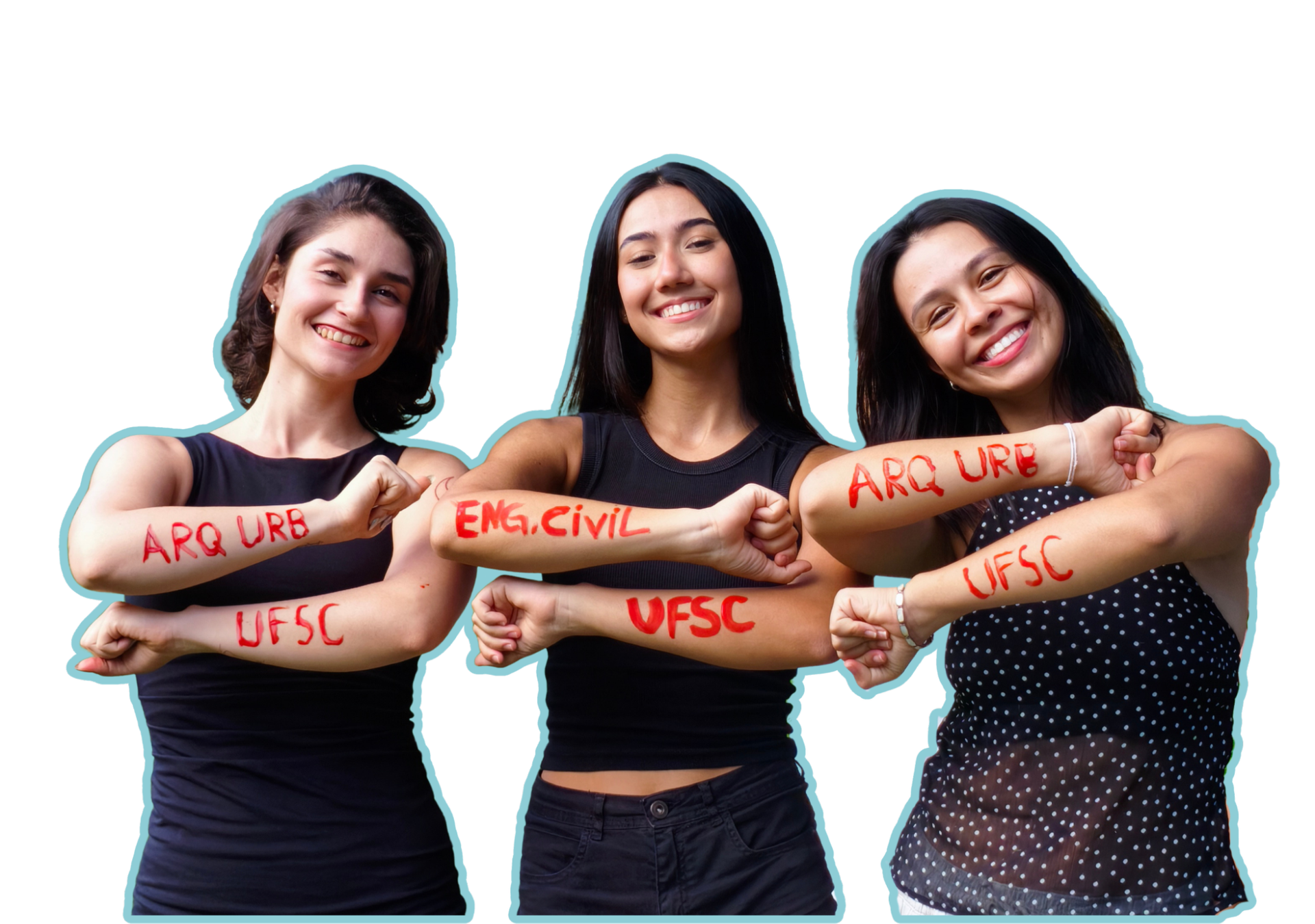 3 meninas que passaram na universidade, com o curso escrito no braço.
