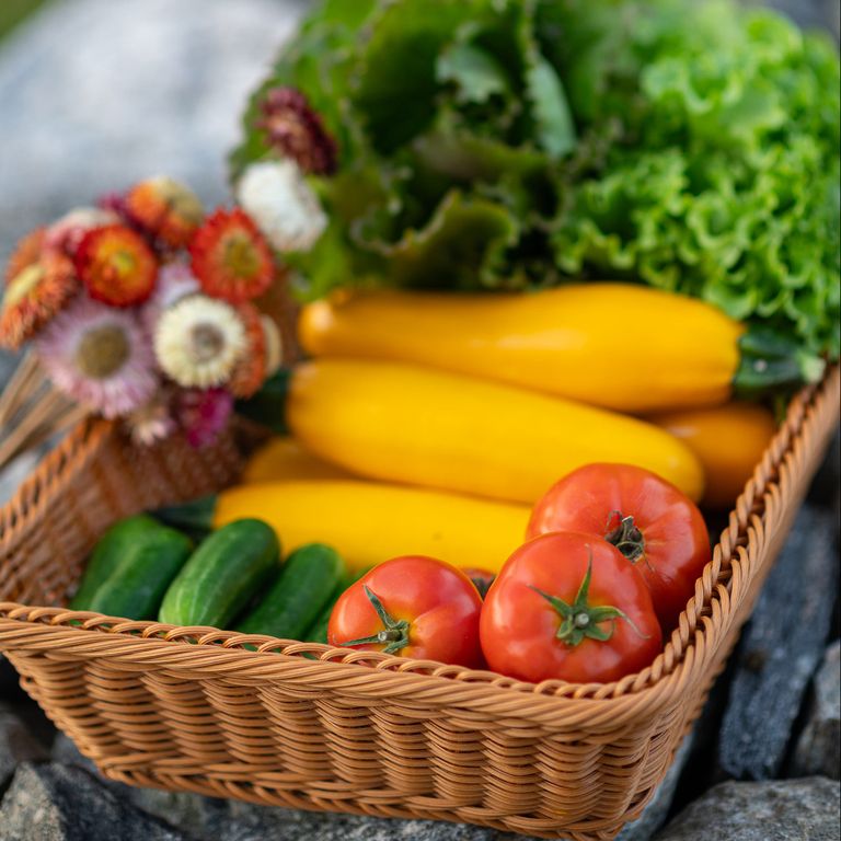 A wicker basket filled with yellow squash, tomatoes, cucumbers, lettuce, and a small bouquet of flowers on a stone surface.
