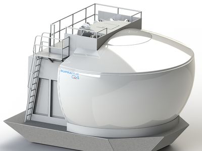 Large white industrial dome structure with a metal staircase and platform on top, labeled "SUPRAVUE Q4," set against a plain background.