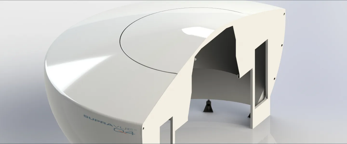 Sleek, white, semi-circular collimated display exterior with a smooth finish and open interior, featuring the text "Supravue Q4" on the side.