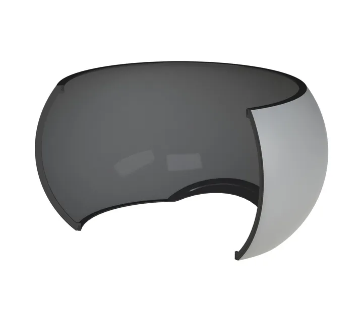 A sleek, curved, semi-transparent black visor with a cut-out section, resembling a futuristic helmet or face shield.