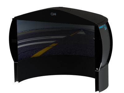 A curved flight simulator screen displaying a runway scene, designed for immersive aviation training.