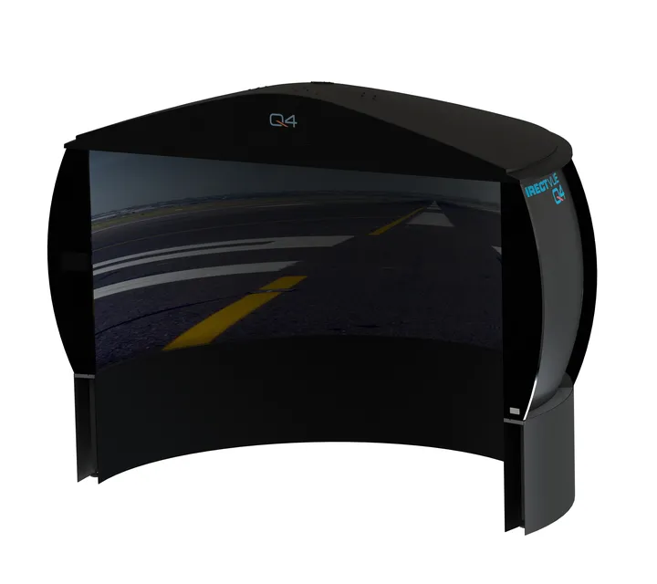 A curved flight simulator screen displaying a runway scene, designed for immersive aviation training.