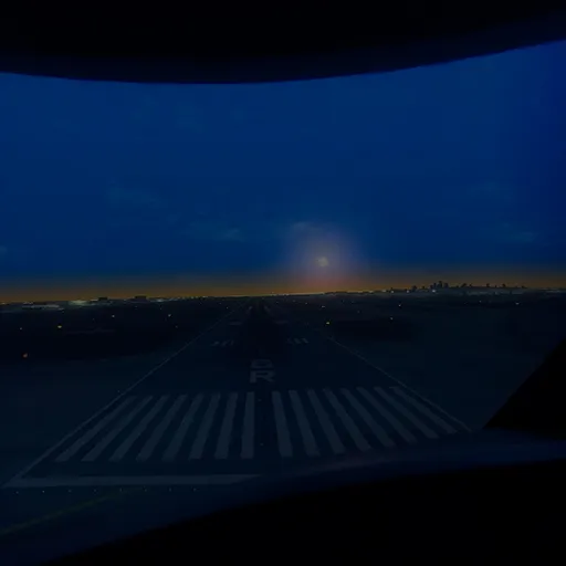 View from cockpit at dusk, showing runway lights and distant city skyline under a dark blue sky with a glowing horizon.