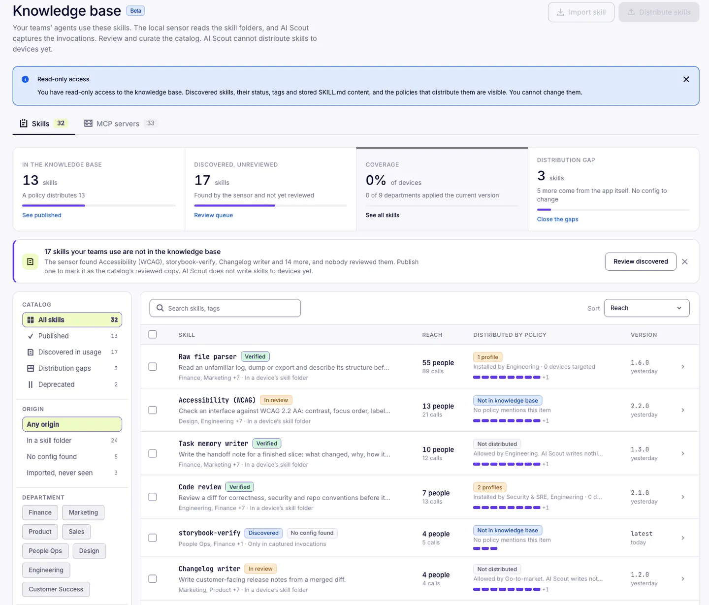 nexos.ai Observer console — Knowledge base view