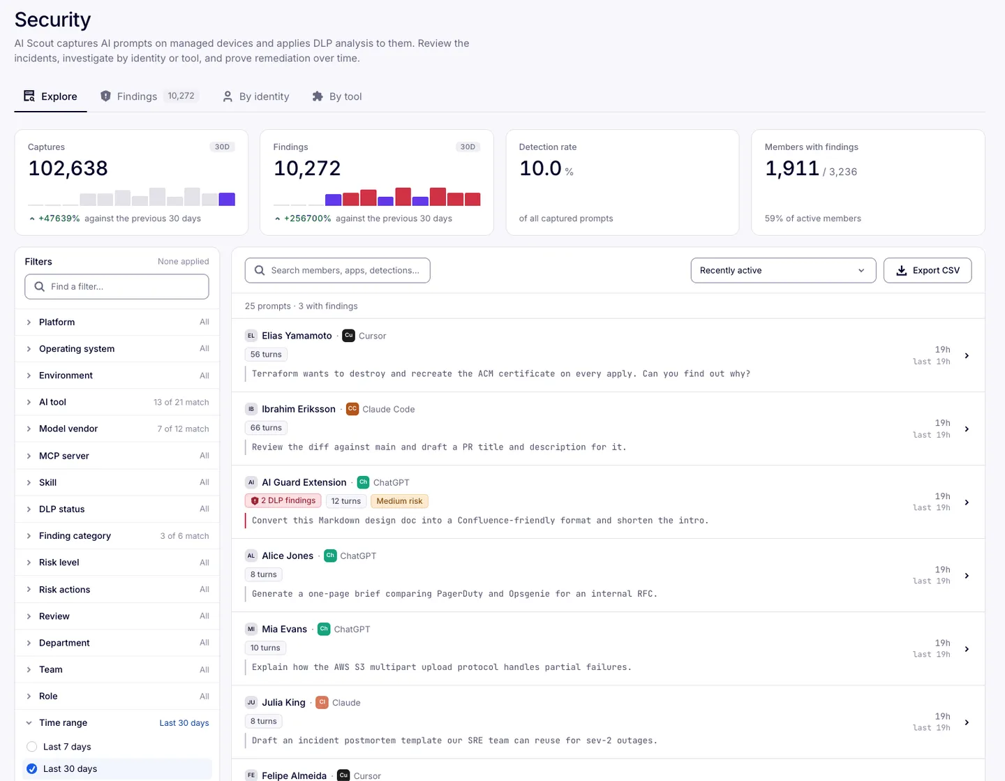 nexos.ai Observer console — Security view
