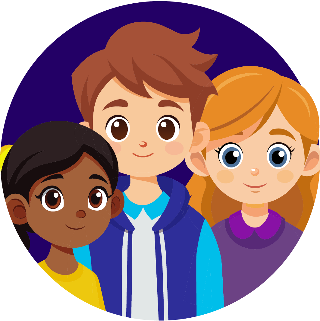 Illustration representing a group of 3 kids of different ages
