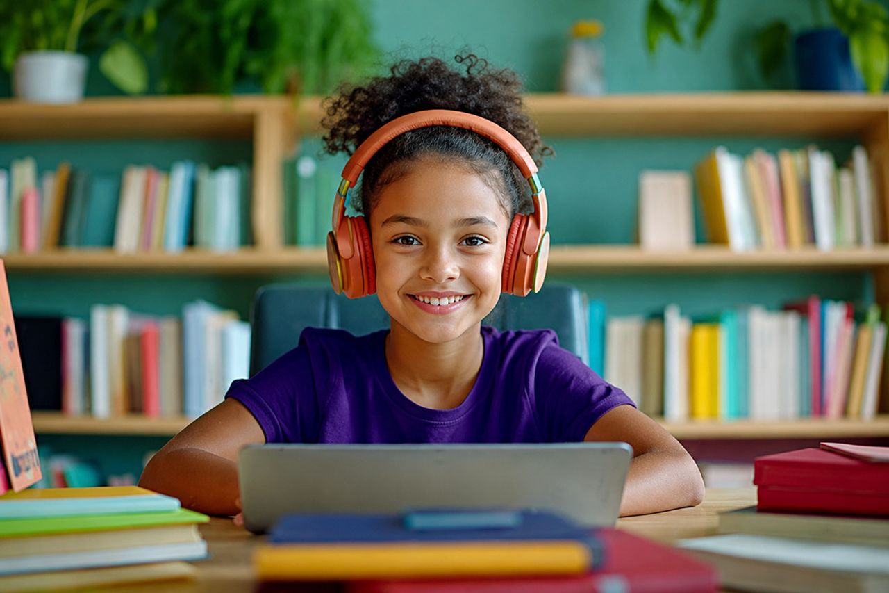 Photo of a smiling child, wearing orange headphones, sitting at a desk with a laptop, surrounded by colorful books.