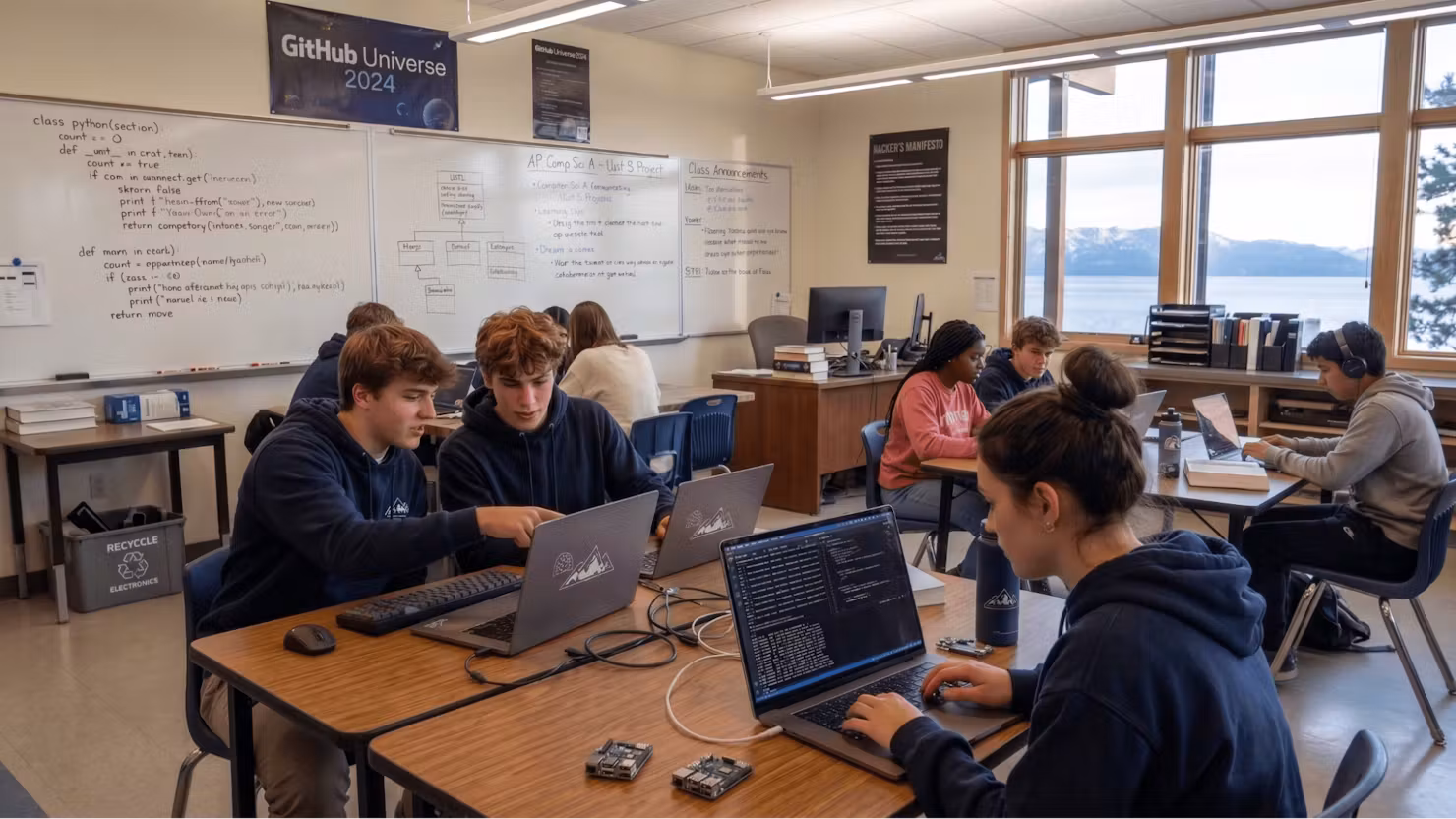 Photo of students in a classroom coding on laptops