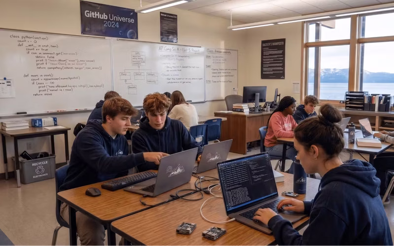 Photo of students in a classroom coding on laptops