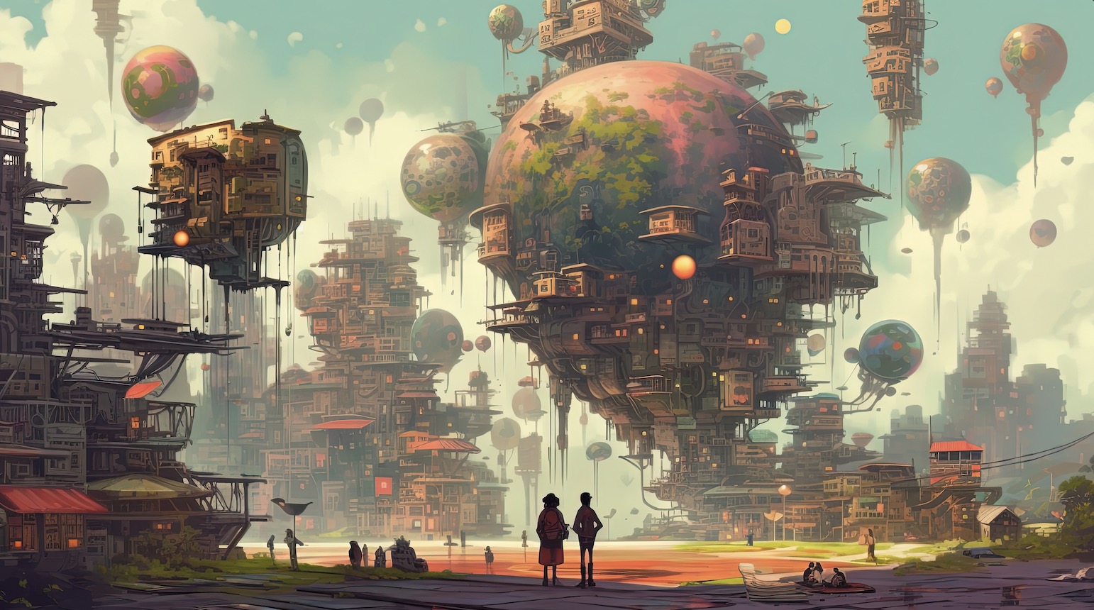 Illustration of a futuristic cityscape with floating buildings