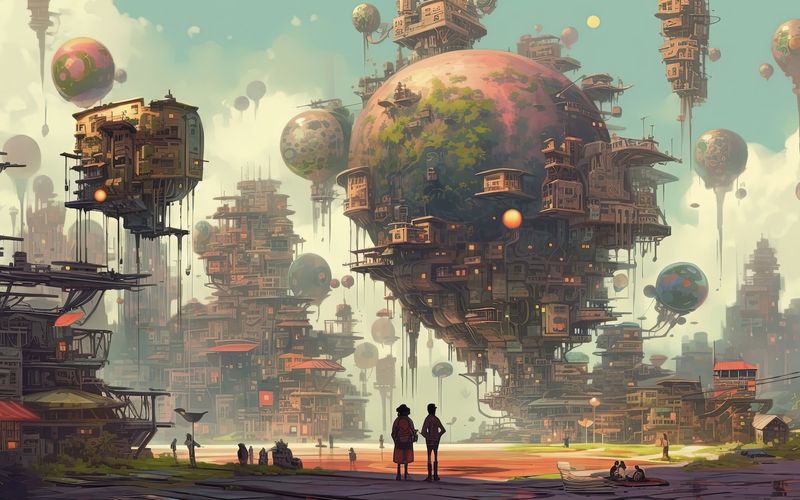 Illustration of a futuristic cityscape with floating buildings