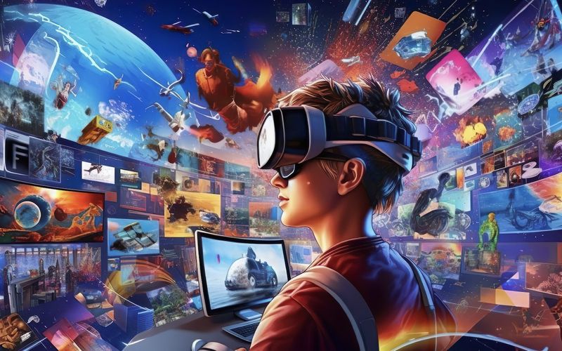 Illustration of a young boy wearing a VR headset surrounded by floating artworks and digital art