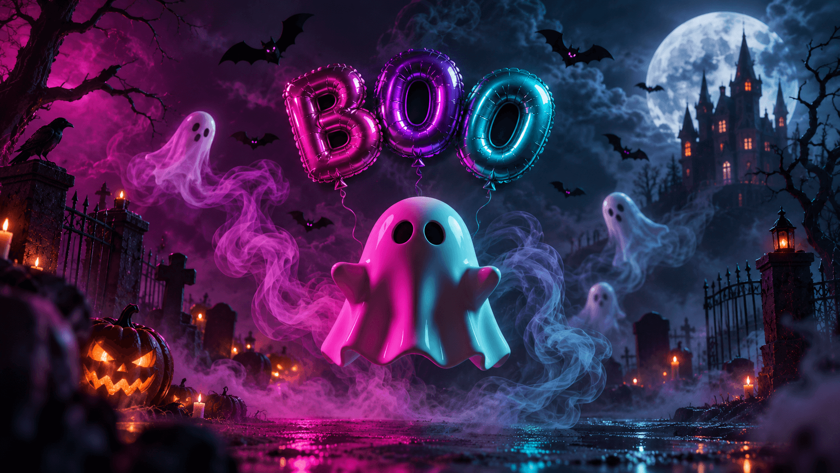 Image of a ghost floating with "BOO" balloons in a spooky graveyard, bats fly around, pumpkin lanterns and a haunted castle.