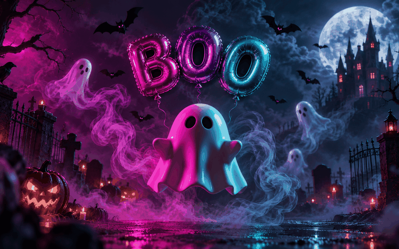 Image of a ghost floating with "BOO" balloons in a spooky graveyard, bats fly around, pumpkin lanterns and a haunted castle.