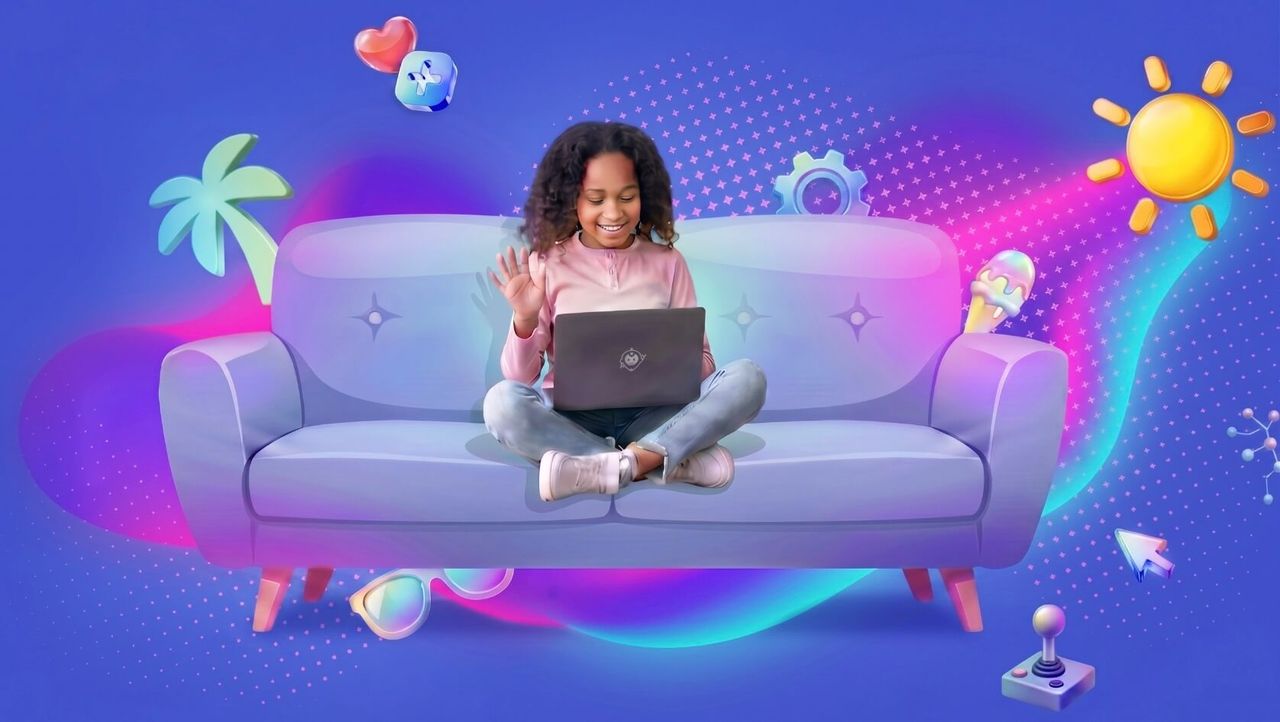 Illustration of children coders orbiting a computer