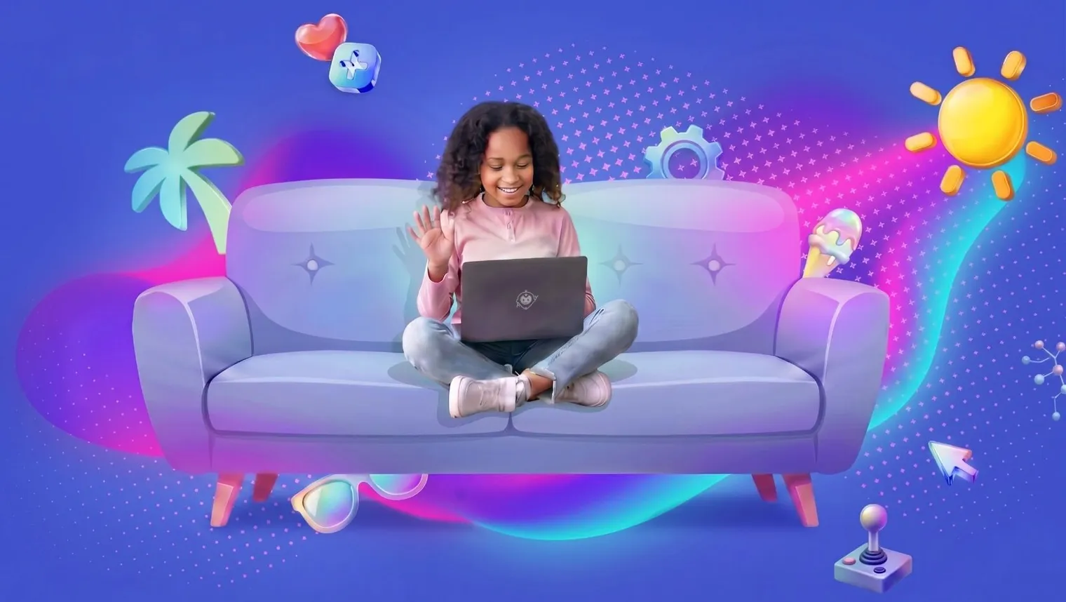 Illustration of children coders orbiting a computer
