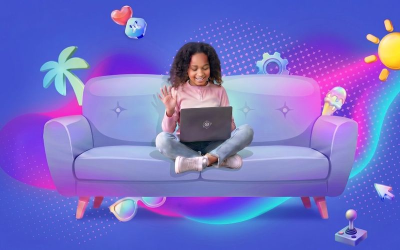 Image of a young girl sitting cross-legged on a couch with a laptop, waving at the screen against a colorful summer-themed background.