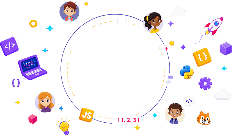 Illustration with coding symbols and happy kids