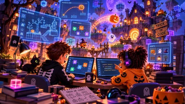 Image of two kids in Halloween-themed hoodies creating a spooky video game on laptops, surrounded by Halloween decor and digital screens, with a black cat nearby.