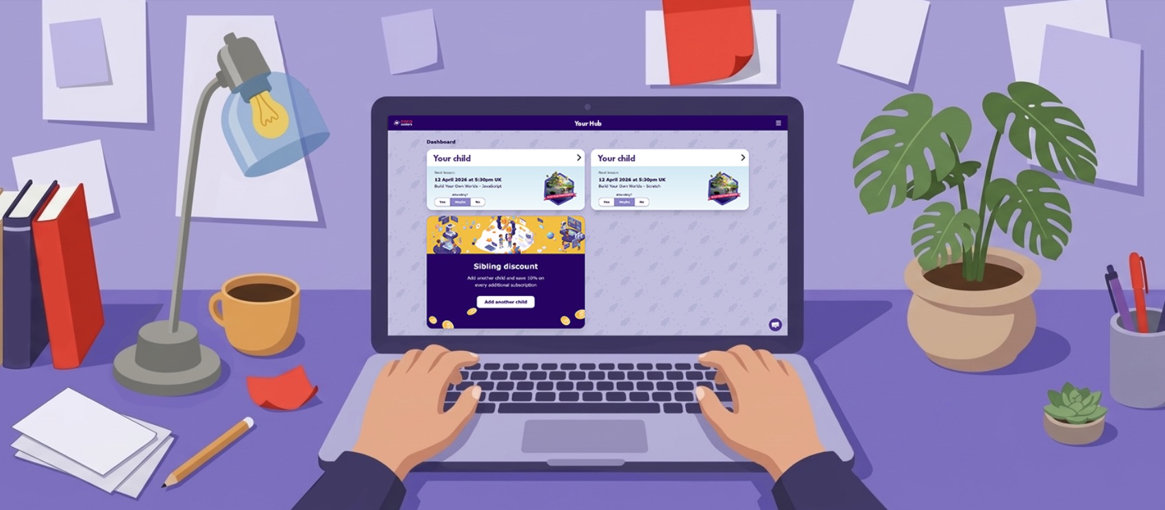 Digital illustration of person using a laptop on a desk with the Coco hub showing on their screen