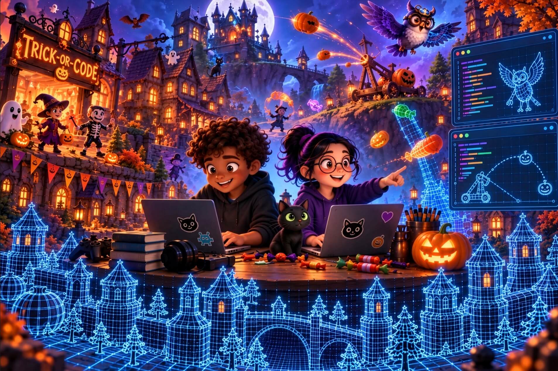 Image of two kids using laptops in a Halloween-themed setting to create digital wireframes of castles, pumpkins, and an owl coming to life around them.