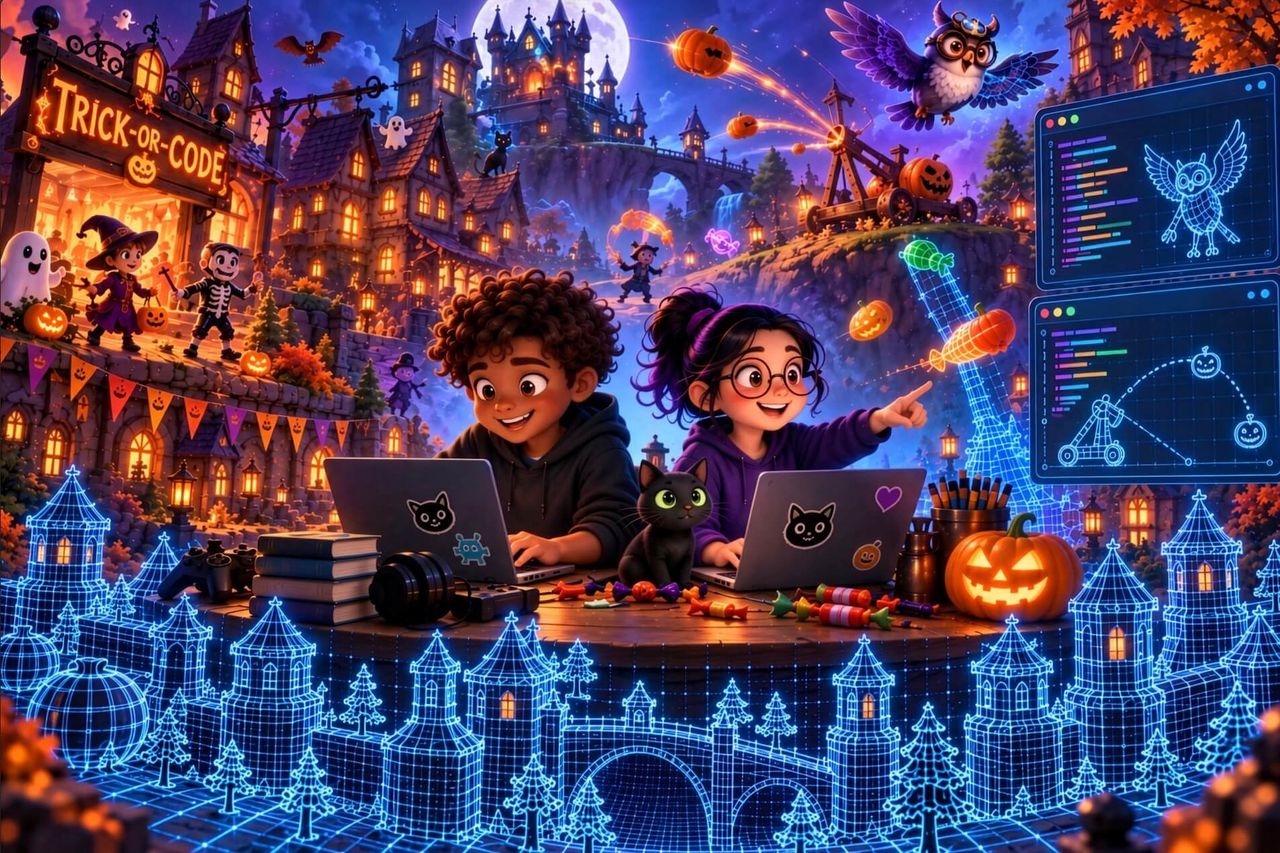 Image of two kids using laptops in a Halloween-themed setting to create digital wireframes of castles, pumpkins, and an owl coming to life around them.