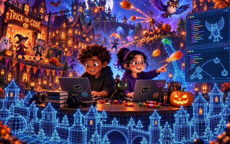 Image of two kids using laptops in a Halloween-themed setting to create digital wireframes of castles, pumpkins, and an owl coming to life around them.