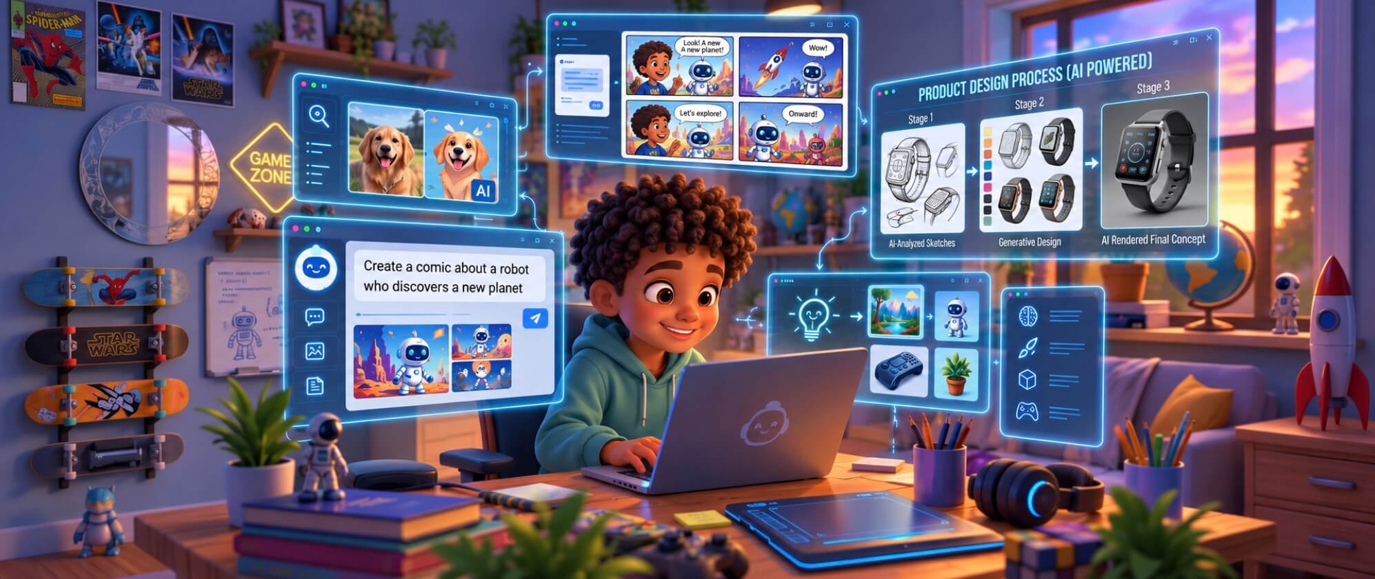 Smiling child working on a laptop in their bedroom, with images of AI projects floating around them