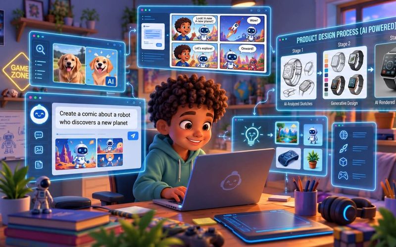 Smiling child working on a laptop in their bedroom, with images of AI projects floating around them