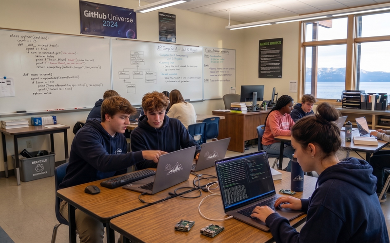 Photo of school teenagers in a classroom coding on computer screens in Incline Village