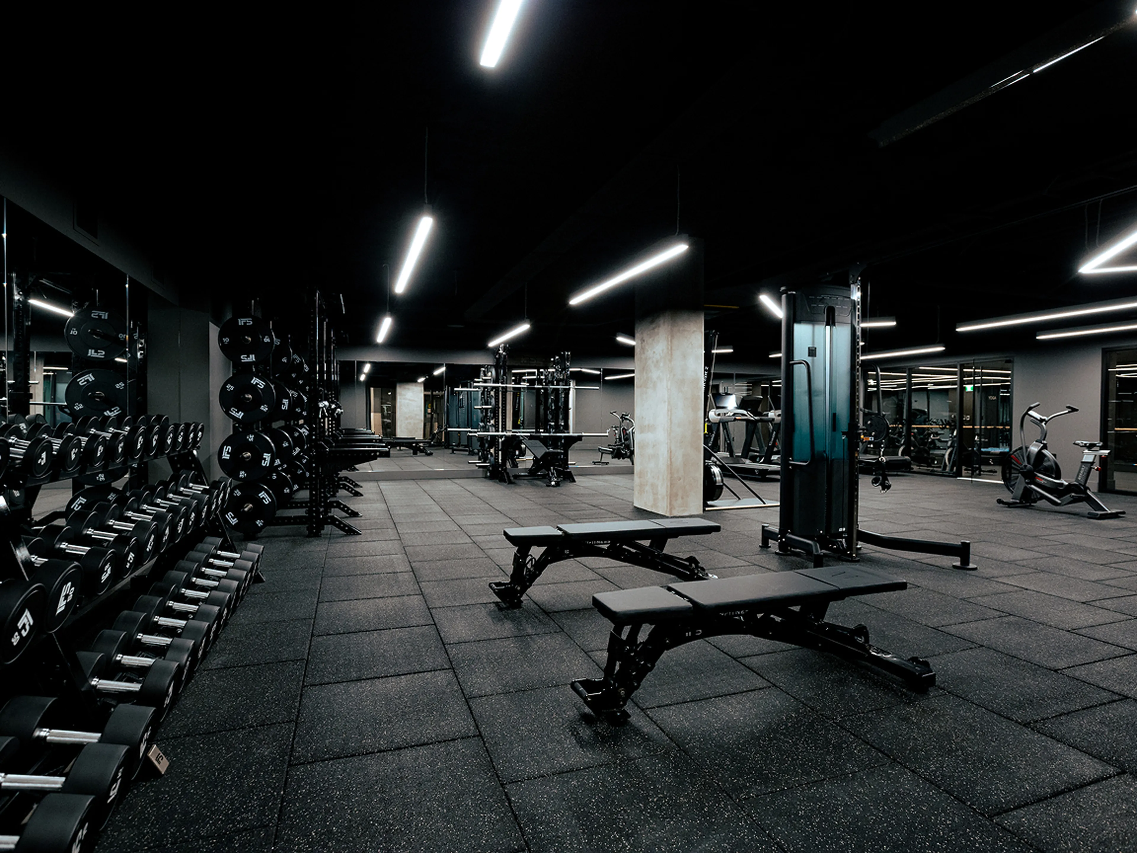 A modern and spacious gym with various exercise equipment including dumbbells, benches, weight machines, and cardio machines, under bright lighting.