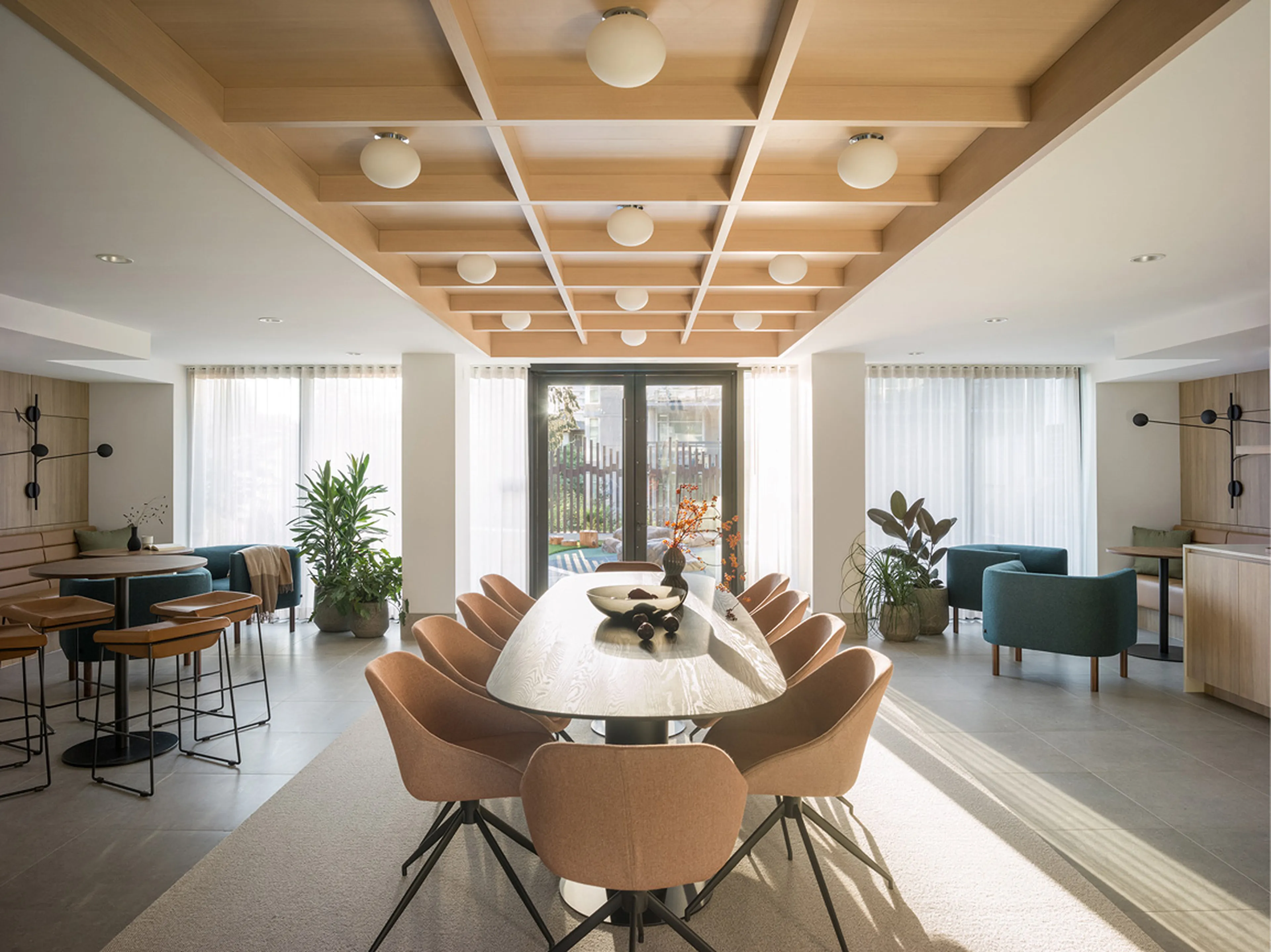 A lounge with a big screen for game nights and get-togethers