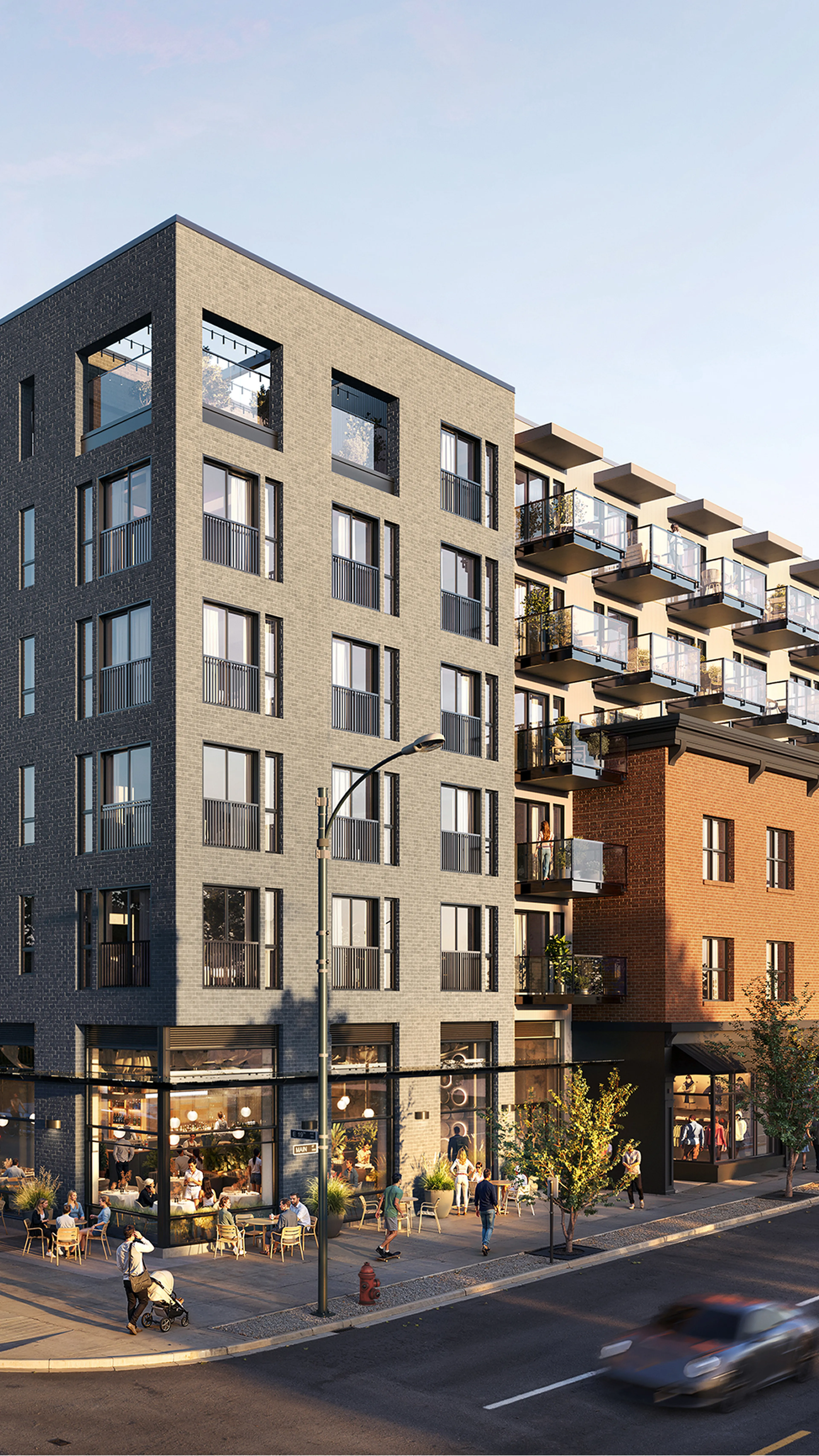 Modern apartment buildings with outdoor cafes and pedestrians on a sunny urban street, featuring balconies and large windows.
