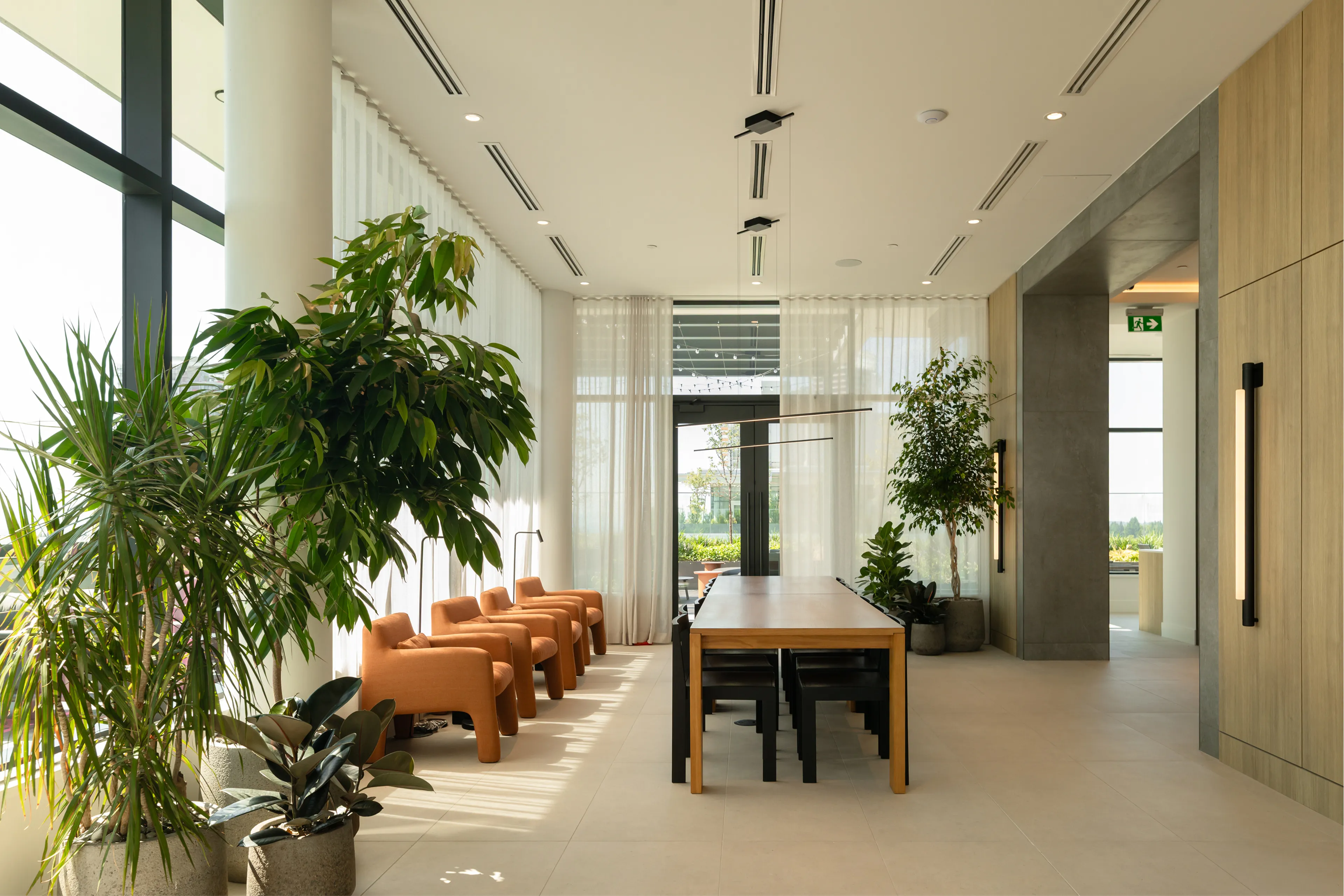 Modern office lounge with large windows, orange chairs, a wooden table, and potted plants, illuminated by natural light through sheer curtains.