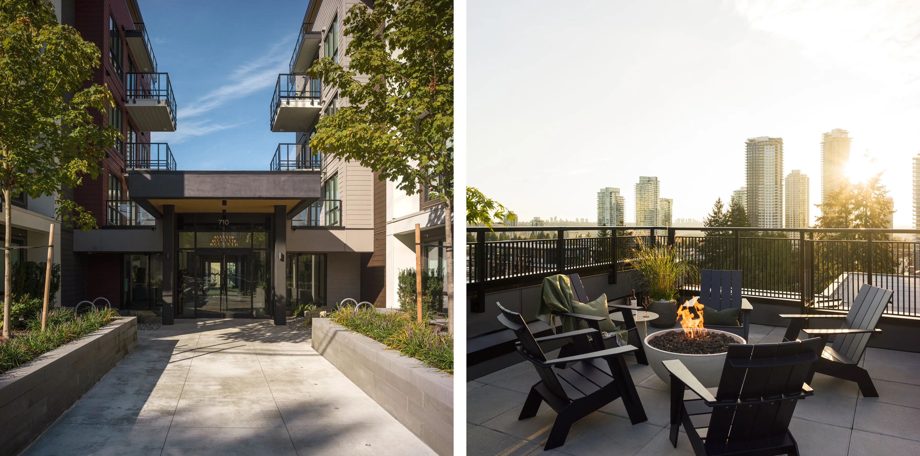 Modern apartment entrance and rooftop patio with a fire pit, overlooking city skyscrapers and trees at sunset.