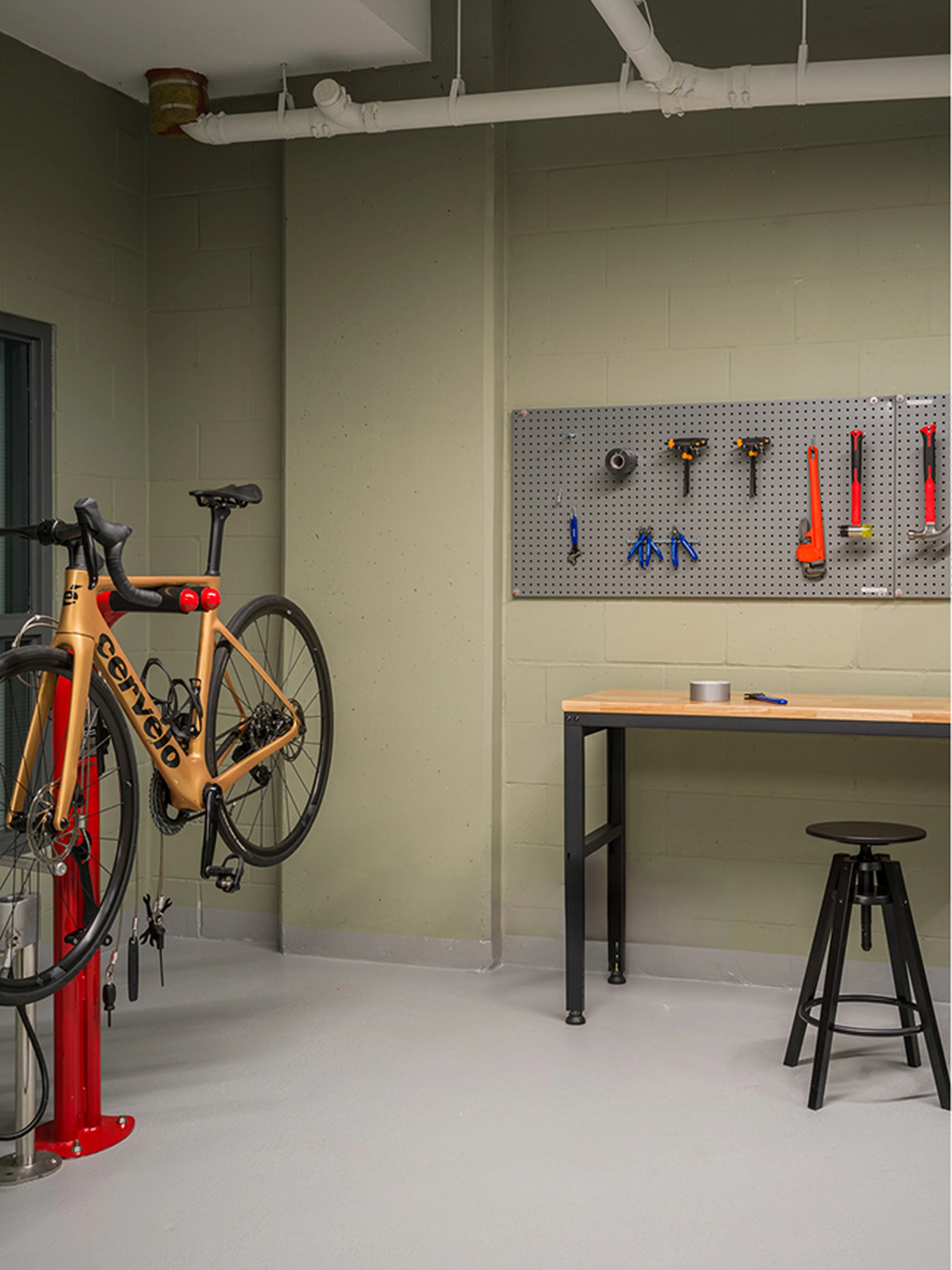 Tools, a repair stand and secure storage for bikes