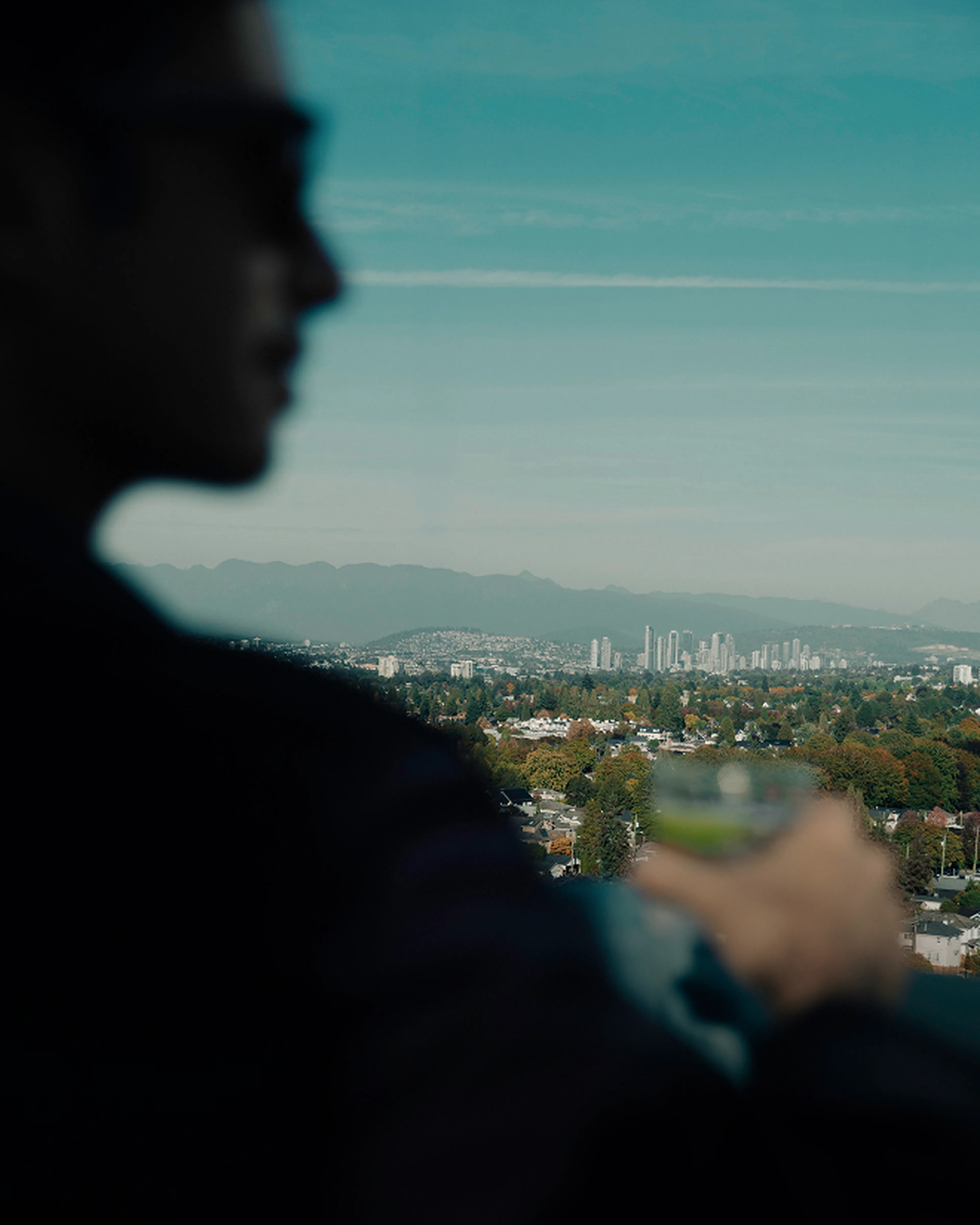 Silhouette of a person holding a drink with a blurred cityscape and mountains in the background.