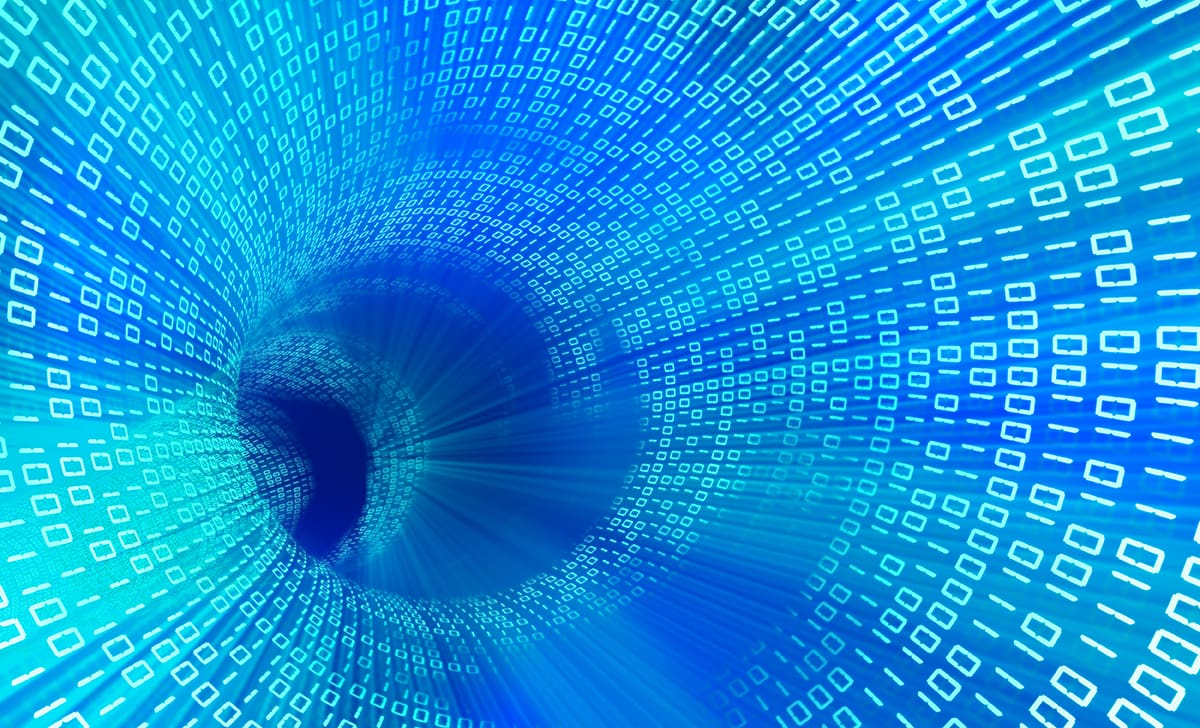 A swirling vortex of binary code in shades of blue, creating a dynamic digital tunnel effect with a sense of depth and motion.