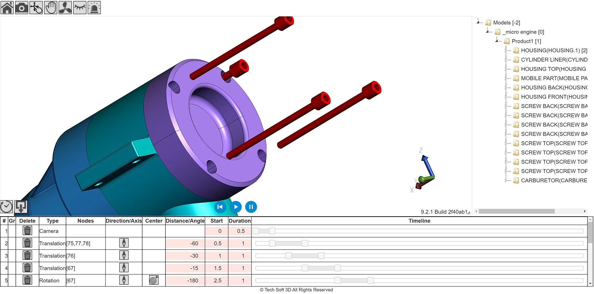 3D model with product structure tree in animated creator demo.