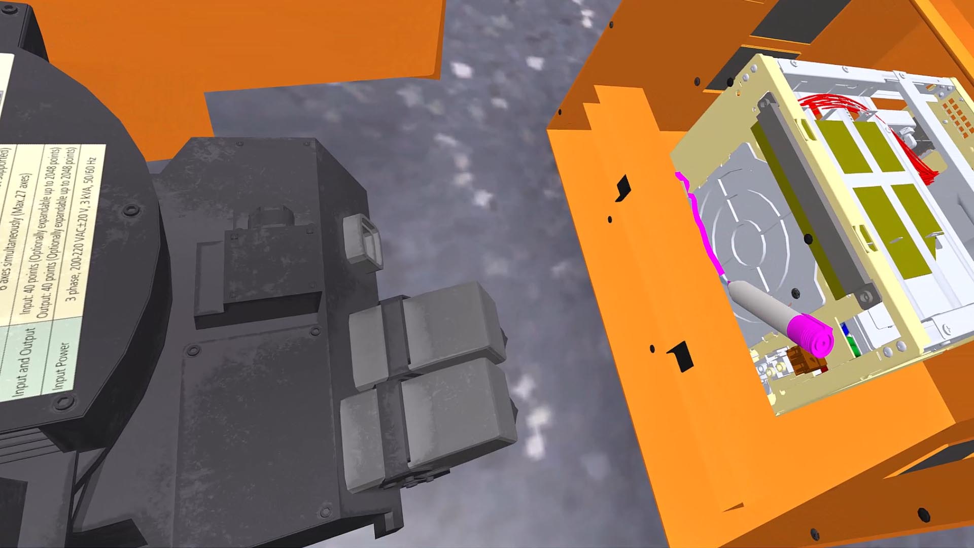 Close-up of an orange robotic machine with a VR user annotating with a virtual pen