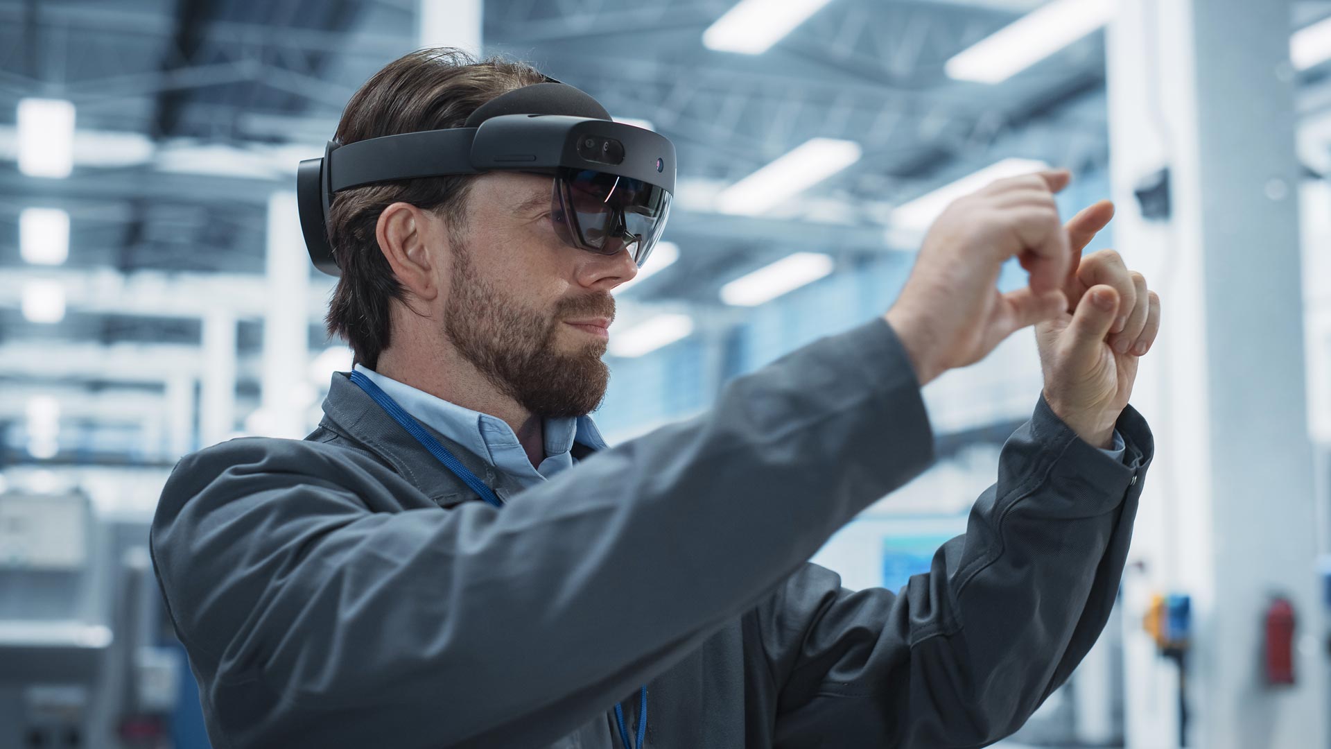 An engineer wearing an augmented mixed reality headset