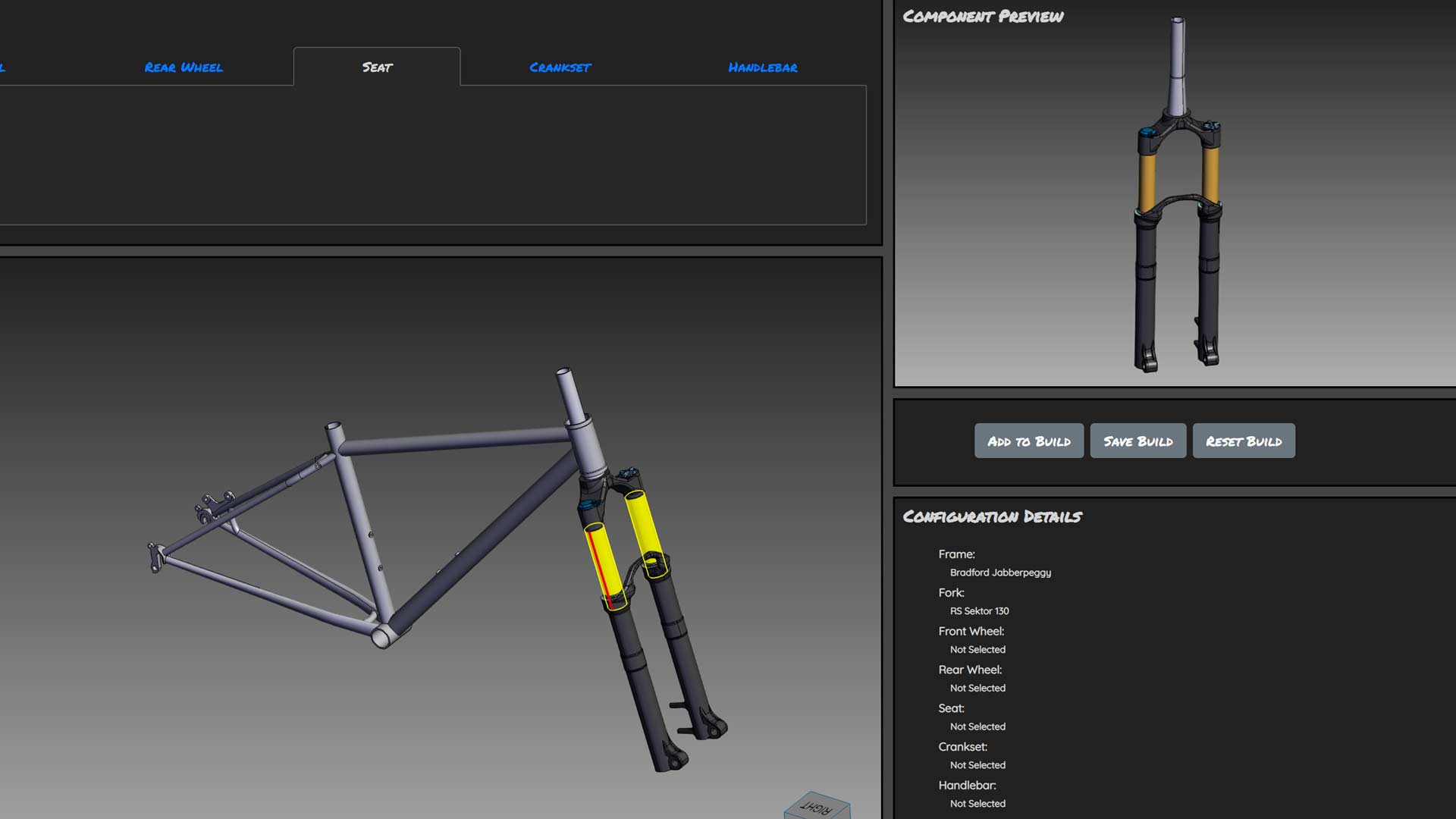3D CAD model of bicycle frame in product configurator demo