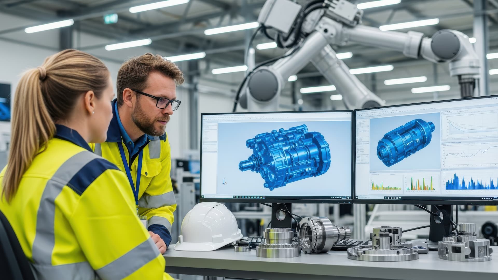 Two engineers in high-visibility jackets analyze 3D model of machinery on dual monitors, with robot arm and mechanical parts around.